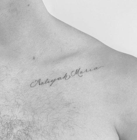 Aaliyah Mendes's name tattoo on her brother, Shawn Mendes's collarbone.